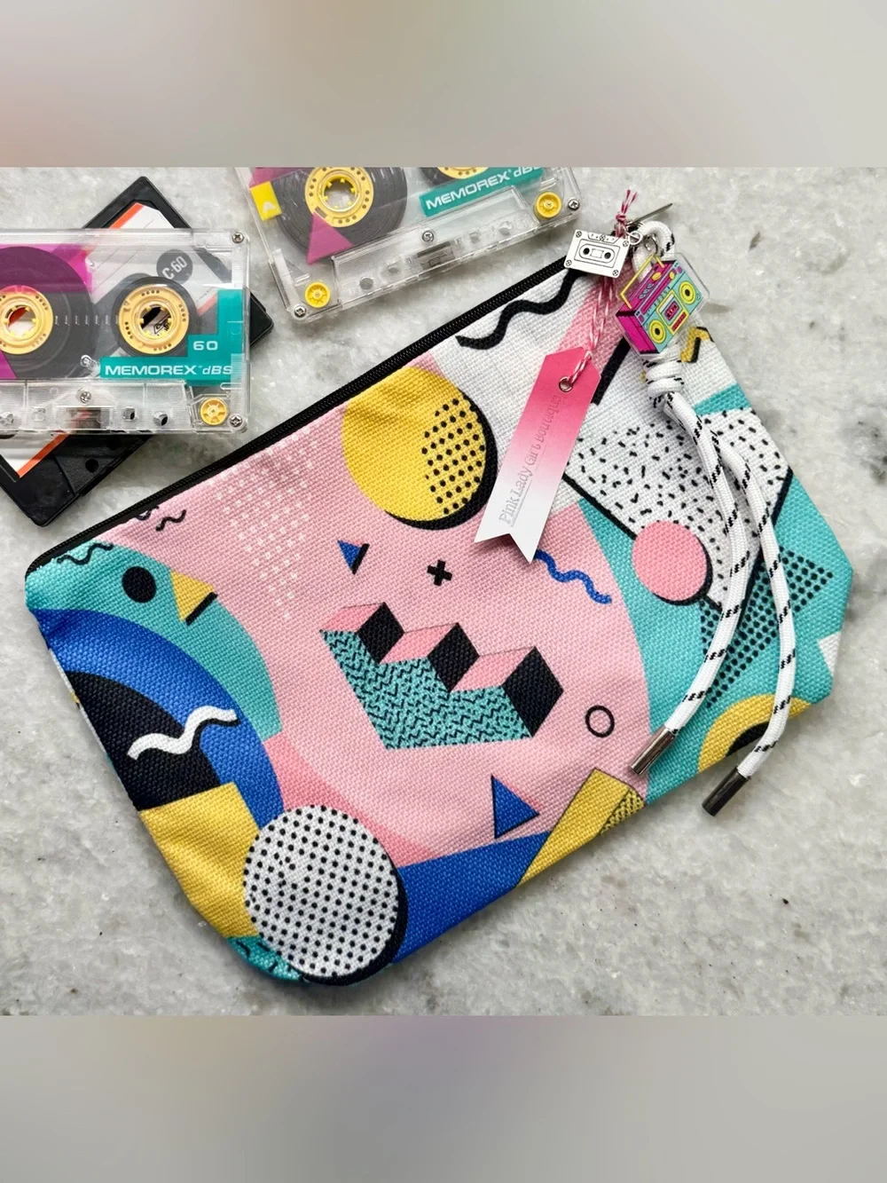 New Geometric Retro 80s Style Zippered Makeup Bag w/ Cassette & Boombox Charms